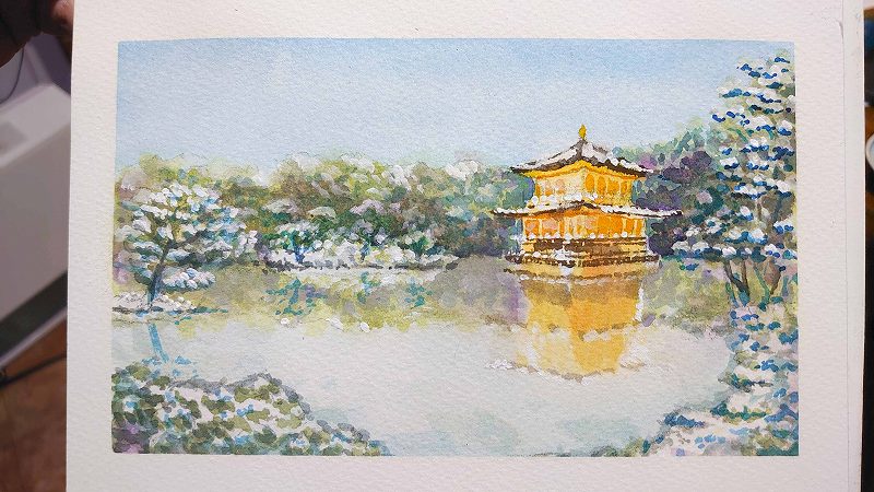 水彩＋ホワイトを使って描く京都の雪景色 | 京都 二条城前 水彩画教室